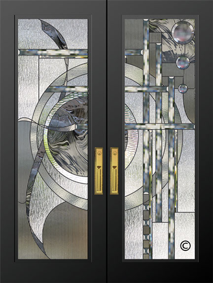 leaded glass door inserts shown in 8 foot grey doors installed in Rancho Cucamonga CA.