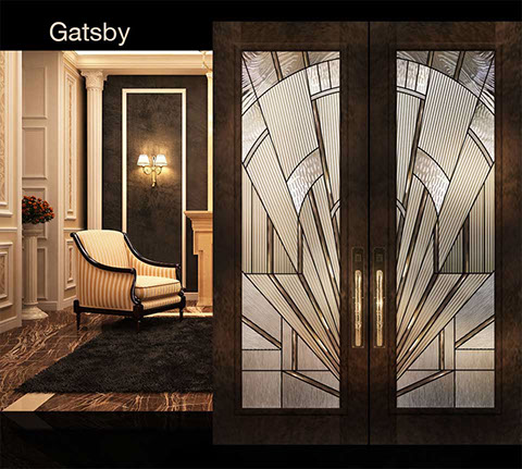 leaded glass door inserts shown in 8 foot doors in beautiful living room  installed in Torrey Pines San Diego County CA.
